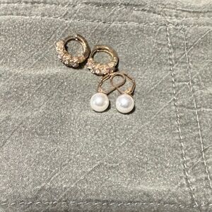 Gold Pearl Drop Earrings with Cubic Zirconia Huggie Set - Women Jewelry